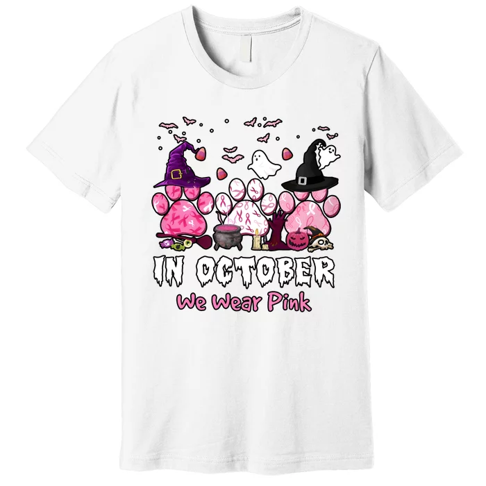 In October We Wear Pink Paw Prints Halloween Witch Premium T-Shirt