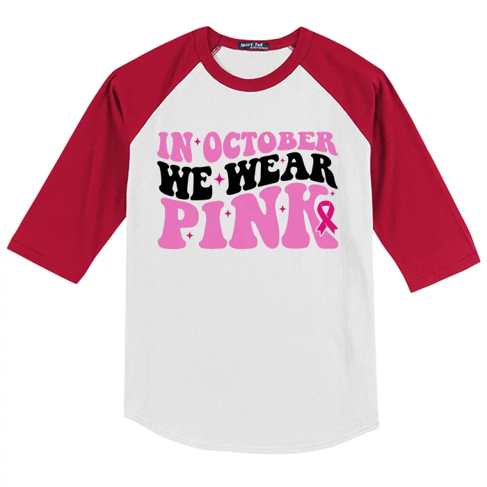 In October We Wear Pink Breast Cancer Ribbon Kids Colorblock Raglan Jersey