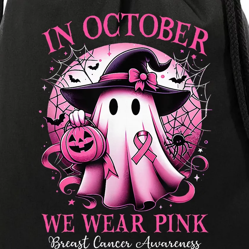 In October We Wear Witch Ghost Breast Cancer Awareness Drawstring Bag