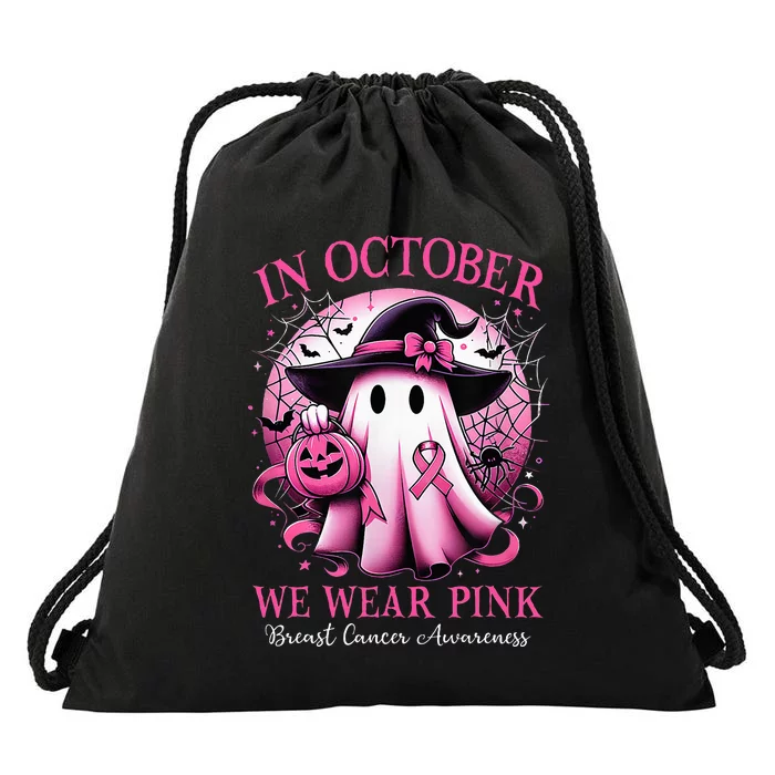 In October We Wear Witch Ghost Breast Cancer Awareness Drawstring Bag