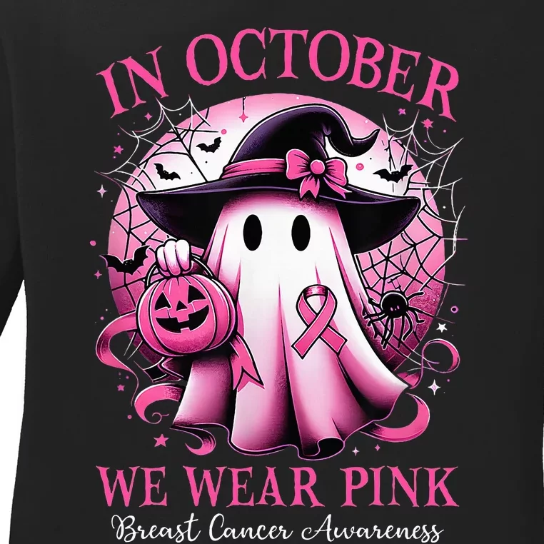 In October We Wear Witch Ghost Breast Cancer Awareness Ladies Long Sleeve Shirt