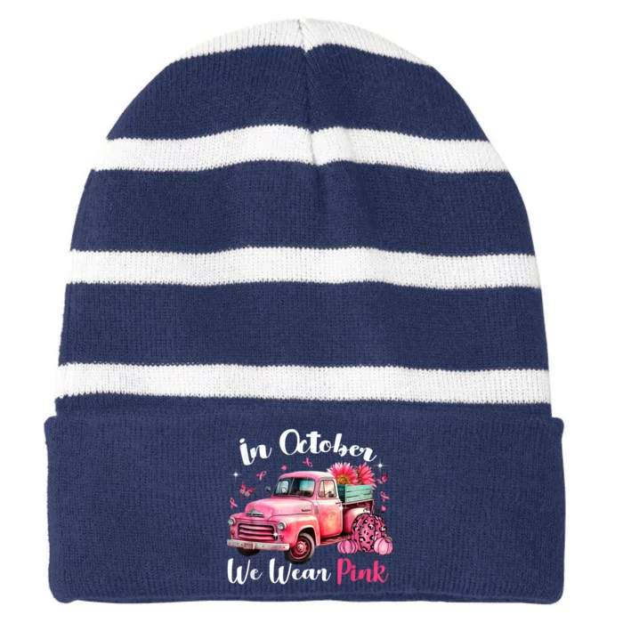 In October We Wear Pink Leopard Truck Pumpkin Breast Cancer Striped Beanie with Solid Band