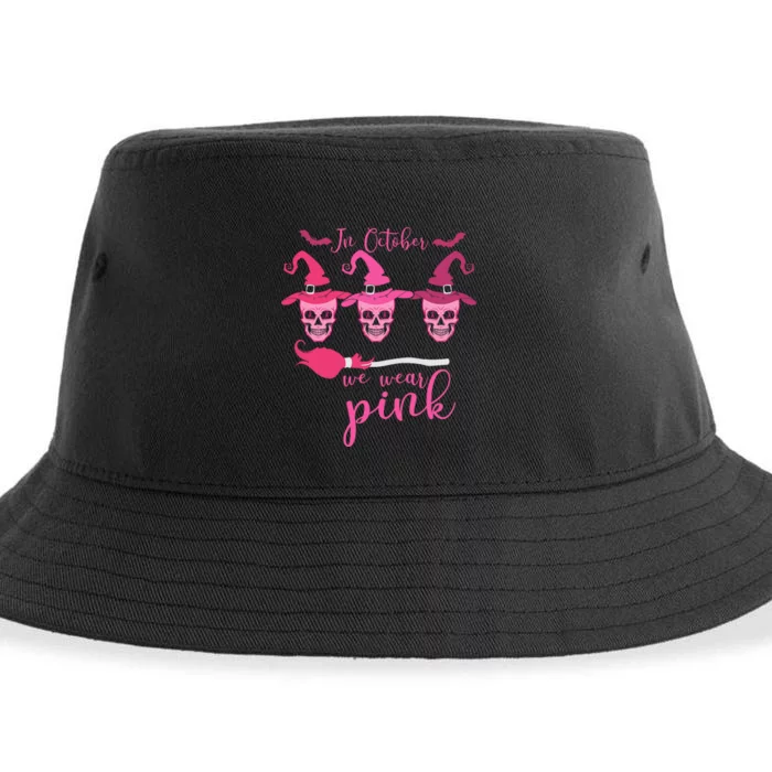 In October We Wear Pink Ribbon Witch Halloween Breast Cancer Sustainable Bucket Hat