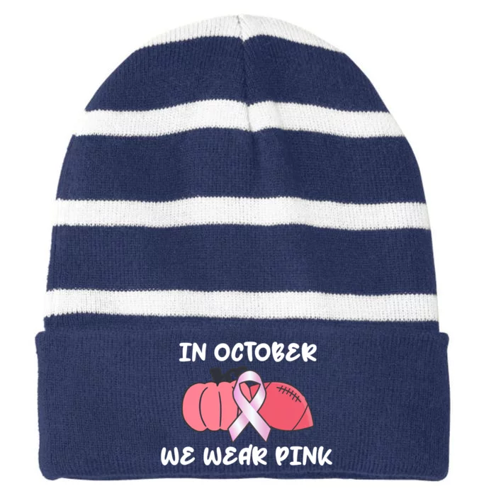 In October We Wear Pink Breast Cancer Pumpkin Ribbon Striped Beanie with Solid Band