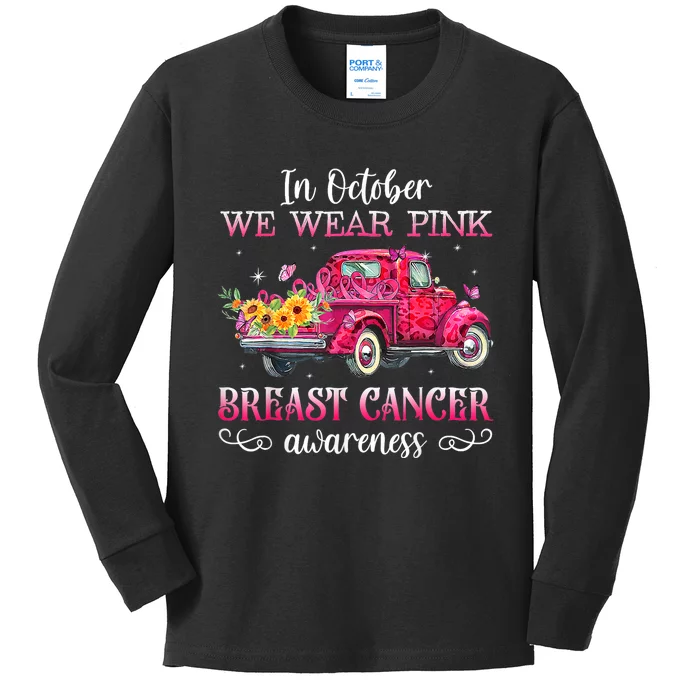 In October We Wear Pink Ghost Pumpkin Breast Cancer Warrior Kids Long Sleeve Shirt