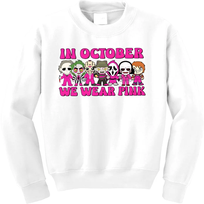 In October We Wear Pink Ghost Breast Cancer Halloween Horror Characters Kids Sweatshirt