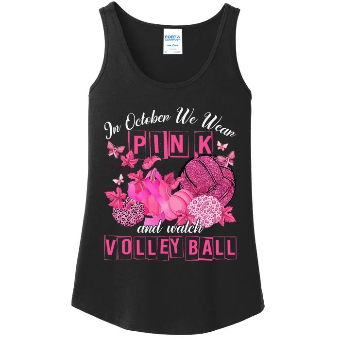 In October We Wear Pink Volleyball Breast Cancer Awareness Ladies Essential Tank