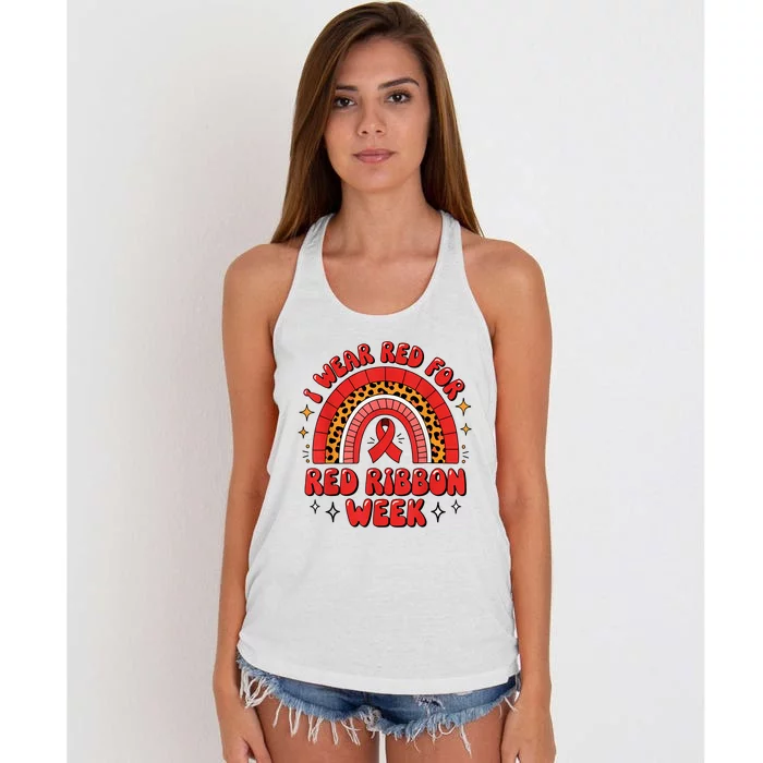 In October We Wear Red Ribbon Week Awareness Drugfree Women's Knotted Racerback Tank