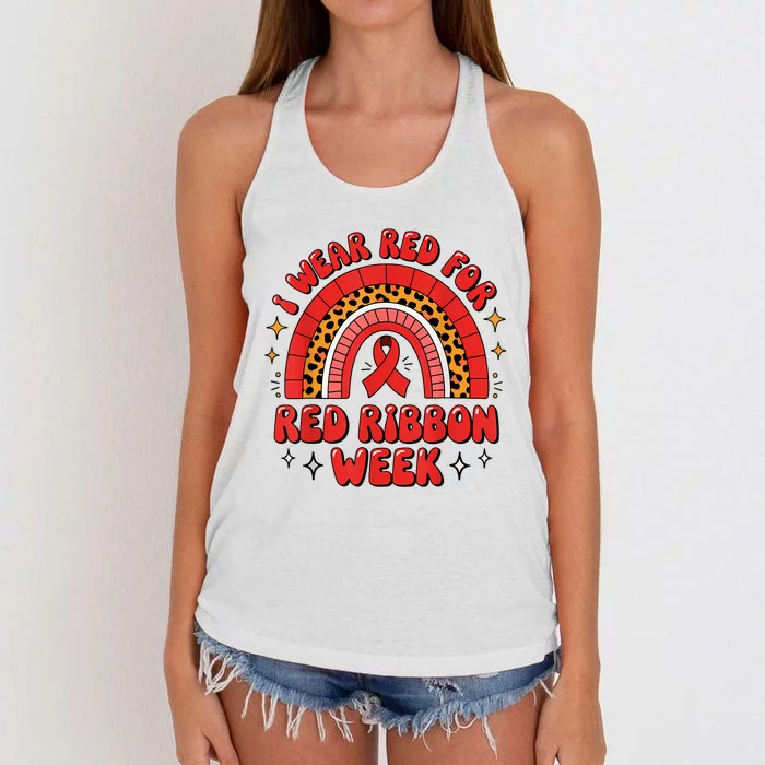 In October We Wear Red Ribbon Week Awareness Drugfree Women's Knotted Racerback Tank