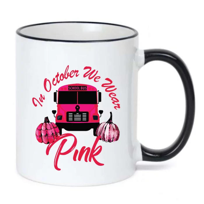 In October We Wear Bus Pink Pumpkin Breast Cancer Halloween Black Color Changing Mug