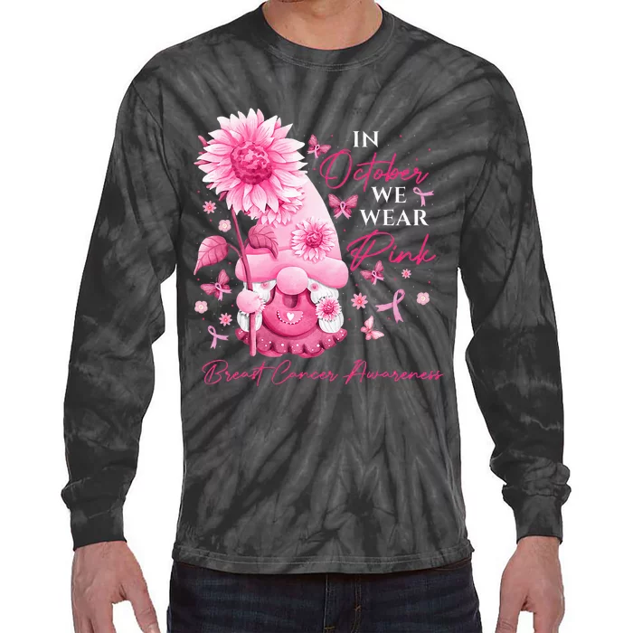 In October We Wear Pink Gnomes Gnome Breast Cancer Awareness Tie-Dye Long Sleeve Shirt