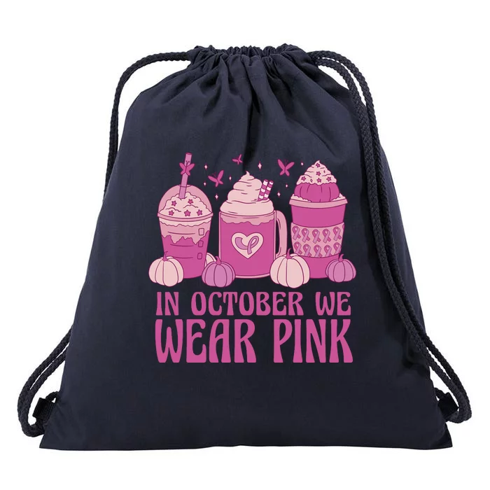 In October We Wear Pink Autumn Pumpkin Coffee Drawstring Bag