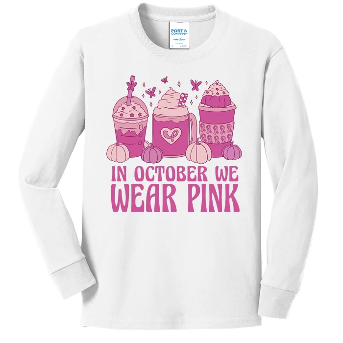 In October We Wear Pink Autumn Pumpkin Coffee Kids Long Sleeve Shirt