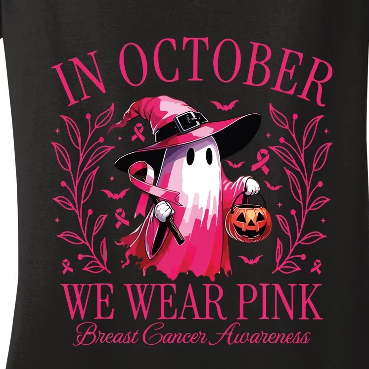 In October We Wear Pin Ghosts Breast Cancer Awareness Women's V-Neck T-Shirt