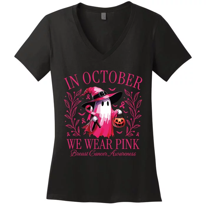 In October We Wear Pin Ghosts Breast Cancer Awareness Women's V-Neck T-Shirt