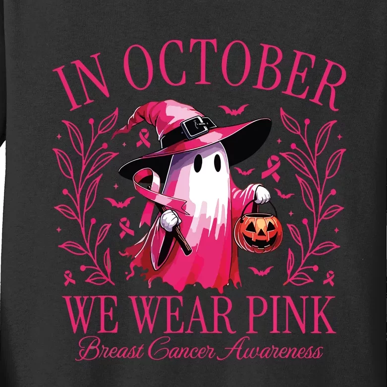 In October We Wear Pin Ghosts Breast Cancer Awareness Kids Long Sleeve Shirt