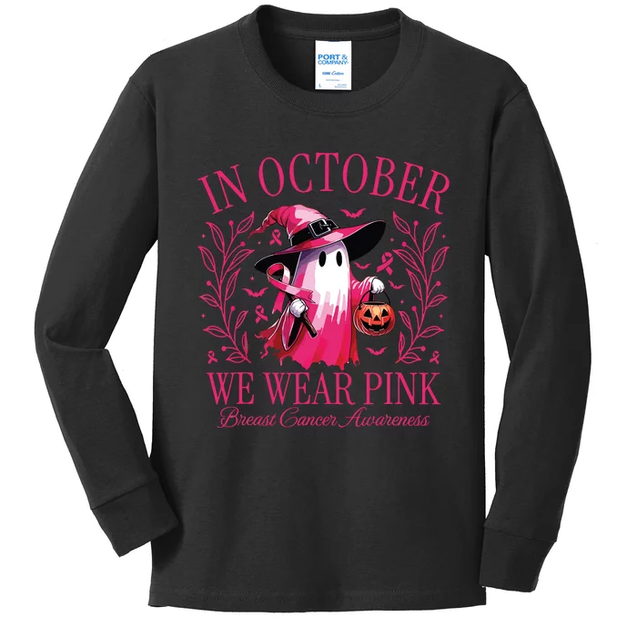 In October We Wear Pin Ghosts Breast Cancer Awareness Kids Long Sleeve Shirt