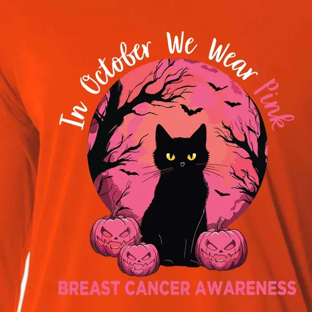 In October We Wear Pink Black Cat Breast Cancer Halloween Cooling Performance Long Sleeve Crew