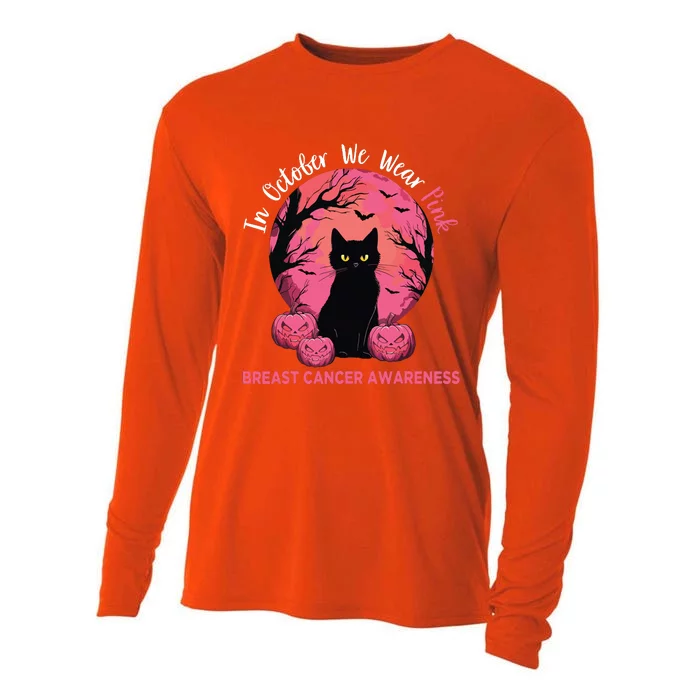 In October We Wear Pink Black Cat Breast Cancer Halloween Cooling Performance Long Sleeve Crew