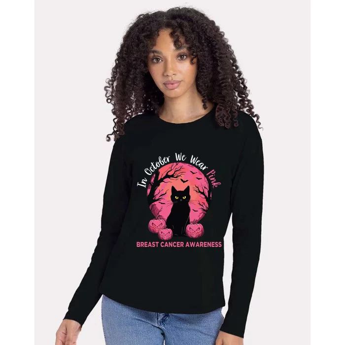 In October We Wear Pink Black Cat Breast Cancer Halloween Womens Cotton Relaxed Long Sleeve T-Shirt