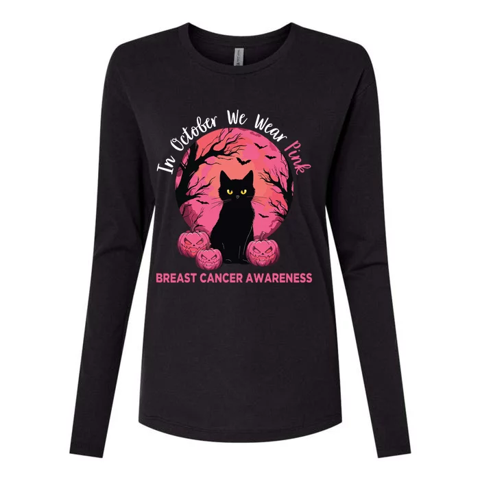 In October We Wear Pink Black Cat Breast Cancer Halloween Womens Cotton Relaxed Long Sleeve T-Shirt