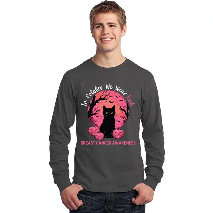 In October We Wear Pink Black Cat Breast Cancer Halloween Tall Long Sleeve T-Shirt