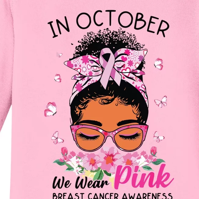 In October We Wear Pink Black Women Messy Bun Breast Cancer Baby Long Sleeve Bodysuit