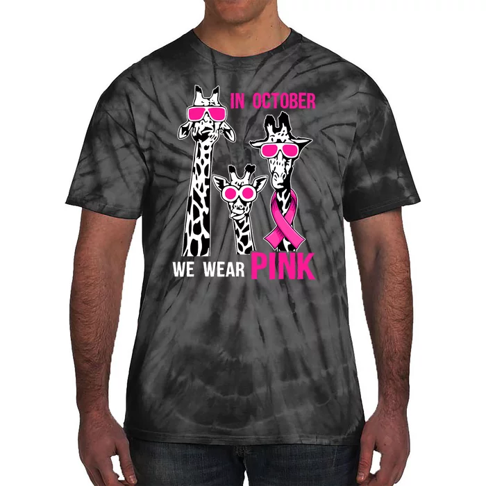 In October We Wear Pink Giraffe Ribbon Breast Cancer Warrior Tie-Dye T-Shirt