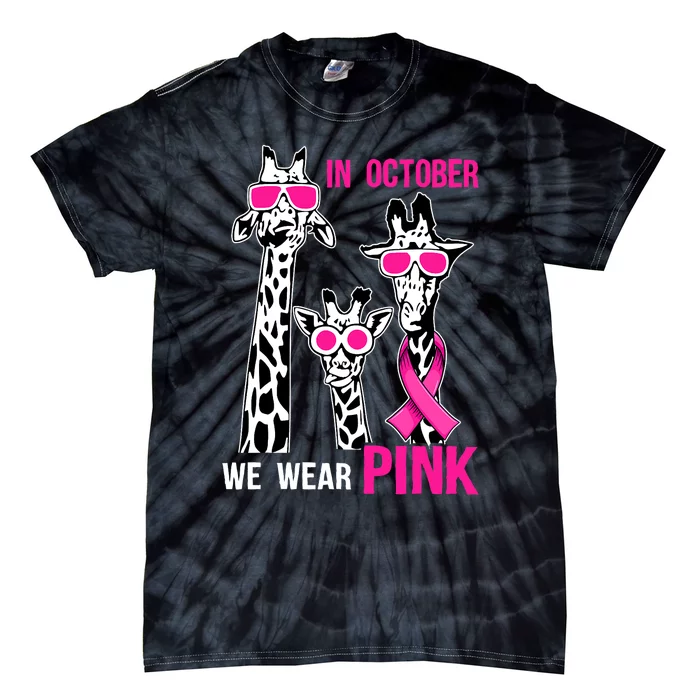 In October We Wear Pink Giraffe Ribbon Breast Cancer Warrior Tie-Dye T-Shirt