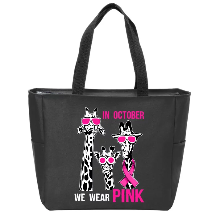 In October We Wear Pink Giraffe Ribbon Breast Cancer Warrior Zip Tote Bag