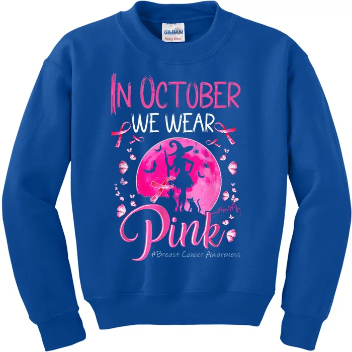 In October We Wear Ribbon Pink Halloween Witch Breast Cancer Kids Sweatshirt