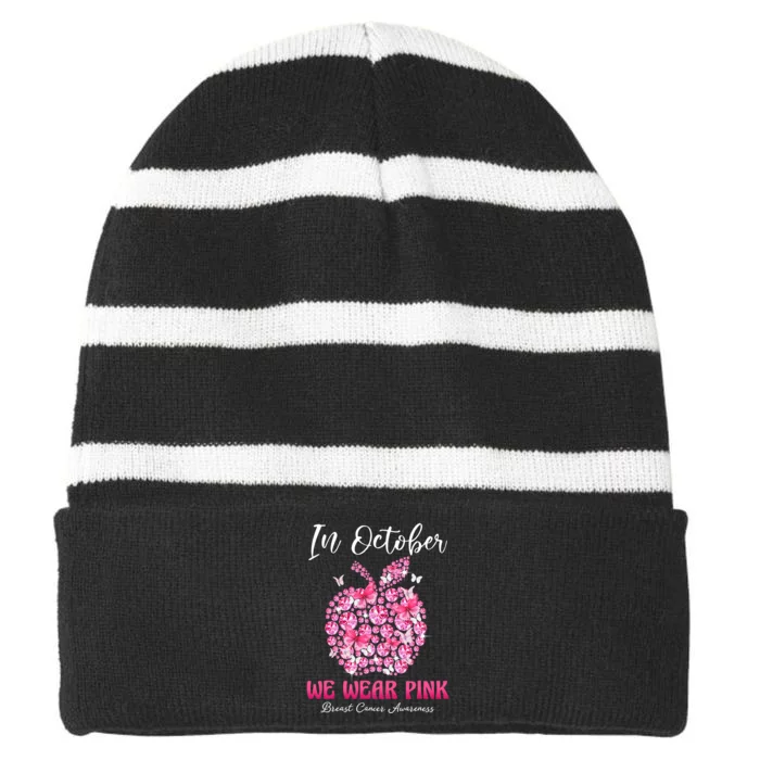 In October We Wear Pink Teacher Butterflies Breast Cancer Striped Beanie with Solid Band