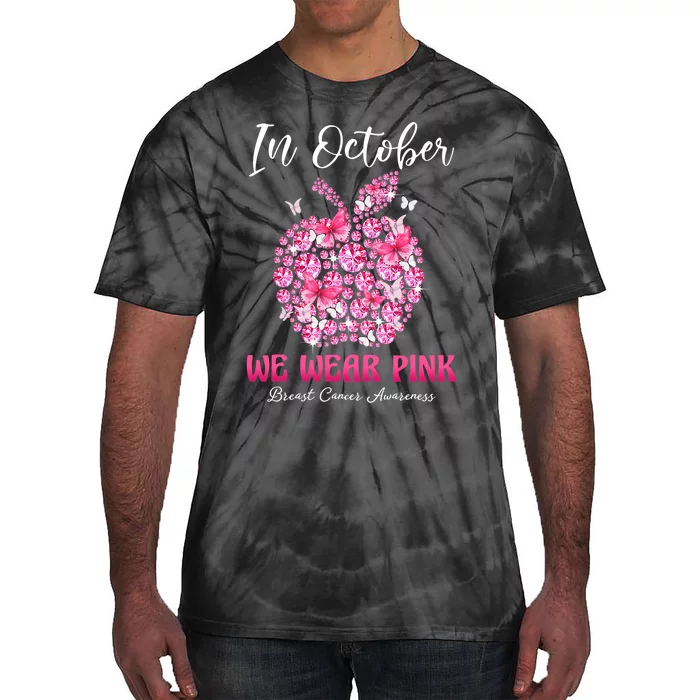 In October We Wear Pink Teacher Butterflies Breast Cancer Tie-Dye T-Shirt