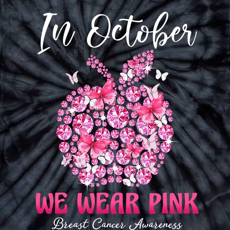 In October We Wear Pink Teacher Butterflies Breast Cancer Tie-Dye T-Shirt