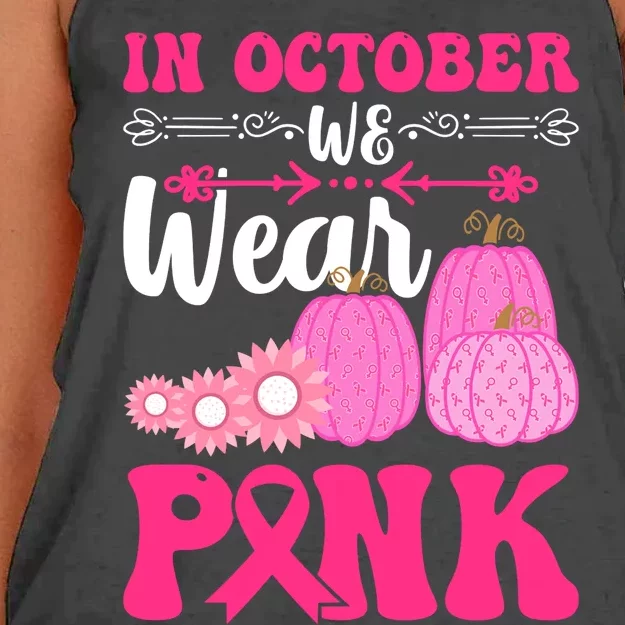 In October We Wear Pink Ribbon Pumpkin Breast Cancer Halloween Gift Women's Knotted Racerback Tank