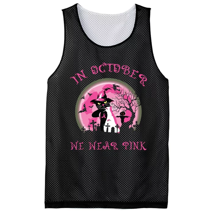 In October We Wear Pink Cat Witch Breast Cancer Halloween Mesh Reversible Basketball Jersey Tank