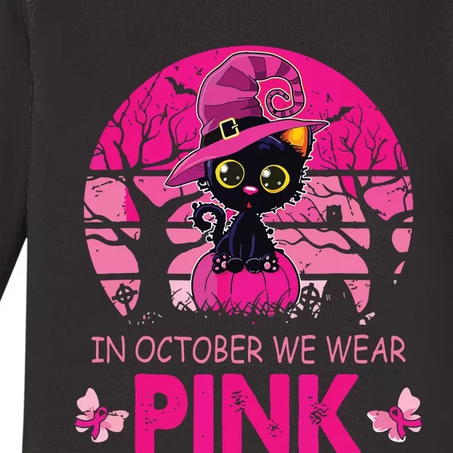 In October We Wear Pink Cute Cat Breast Cancer Awareness Baby Long Sleeve Bodysuit