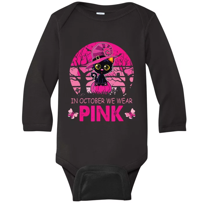 In October We Wear Pink Cute Cat Breast Cancer Awareness Baby Long Sleeve Bodysuit