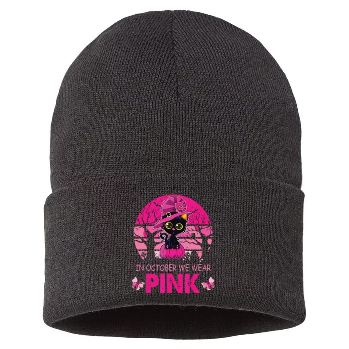 In October We Wear Pink Cute Cat Breast Cancer Awareness Sustainable Knit Beanie