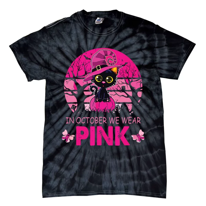 In October We Wear Pink Cute Cat Breast Cancer Awareness Tie-Dye T-Shirt