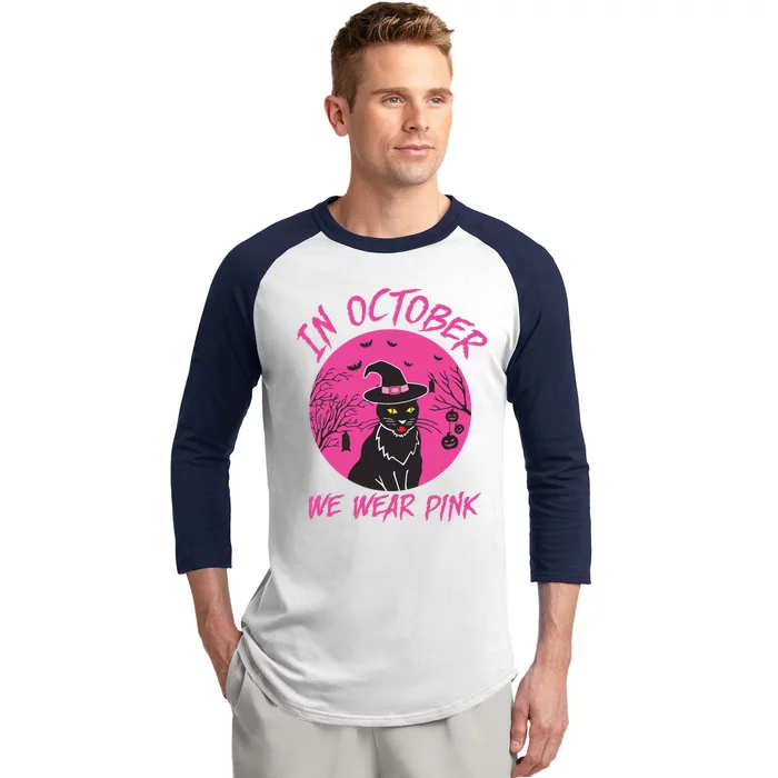 In October We Wear Pink Cute Cat Breast Cancer Awareness Baseball Sleeve Shirt