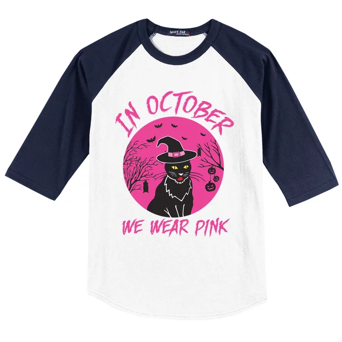 In October We Wear Pink Cute Cat Breast Cancer Awareness Baseball Sleeve Shirt