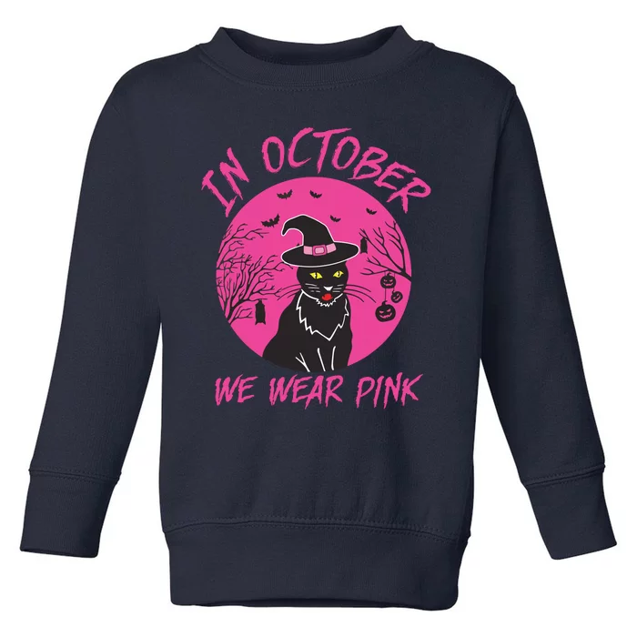 In October We Wear Pink Cute Cat Breast Cancer Awareness Toddler Sweatshirt