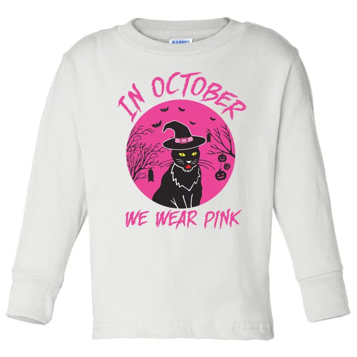 In October We Wear Pink Cute Cat Breast Cancer Awareness Toddler Long Sleeve Shirt