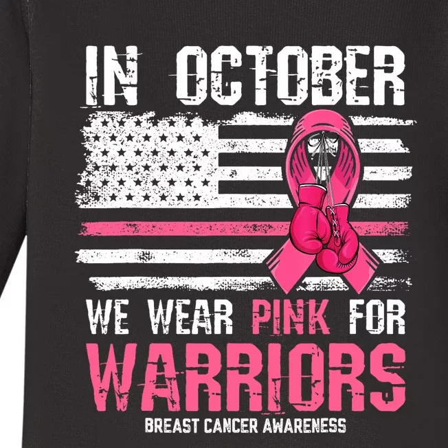 In October We Wear Pink For Warriors Breast Cancer Awareness Design Pink Ribbon Baby Long Sleeve Bodysuit