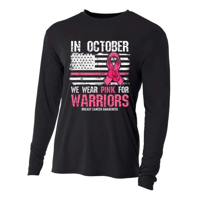 In October We Wear Pink For Warriors Breast Cancer Awareness Design Pink Ribbon Cooling Performance Long Sleeve Crew