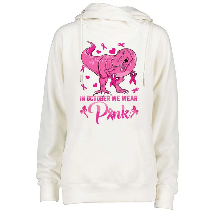 In October We Wear Pink Cute Dino Breast Cancer Kids Boy Womens Funnel Neck Pullover Hood