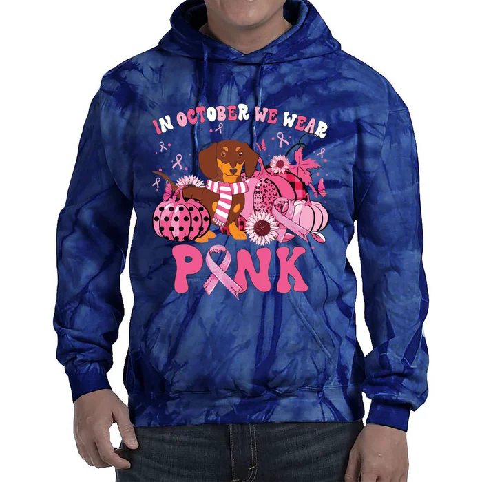 In October We Wear Pink Dachshund Breast Cancer Halloween Tie Dye Hoodie