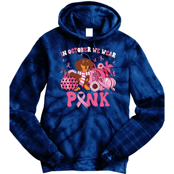 In October We Wear Pink Dachshund Breast Cancer Halloween Tie Dye Hoodie