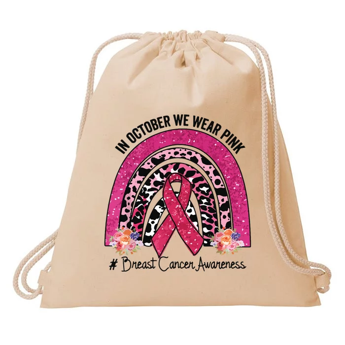 In October We Wear Pink Rainbow Breast Cancer Awareness Drawstring Bag